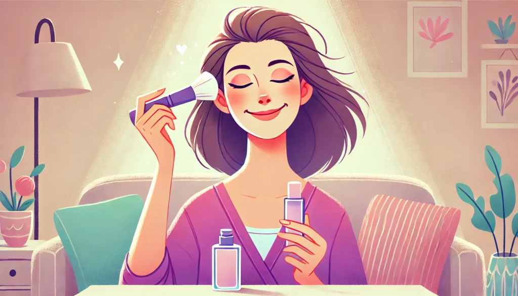 50代女性がプチプラパープル下地を使って肌の透明感を実感する様